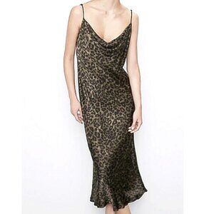 Zara bias cut satin midi slip dress, black brown leopard print, size XS